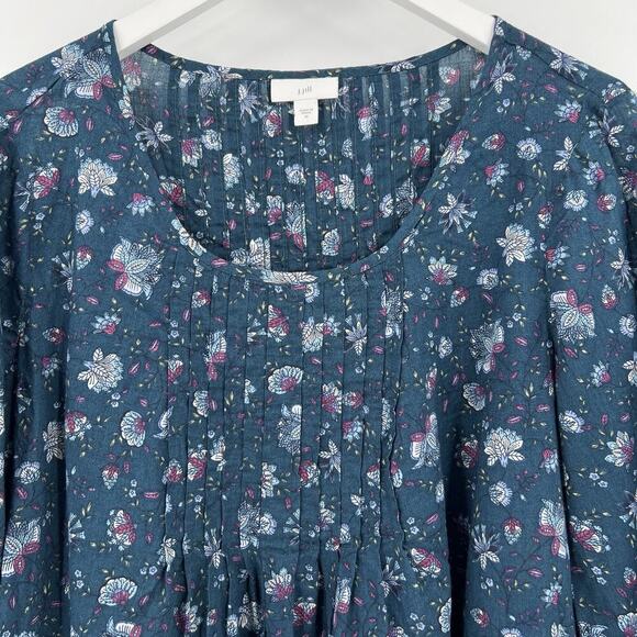 J. Jill 100% Cotton Pintucked Ditsy Floral Blouse Pleated Blue Green Size Medium - Picture 3 of 9